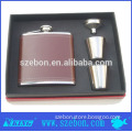 2014Hot sales square shape Stainless steel Hip Flask with leather wrapped and funnel in gift box